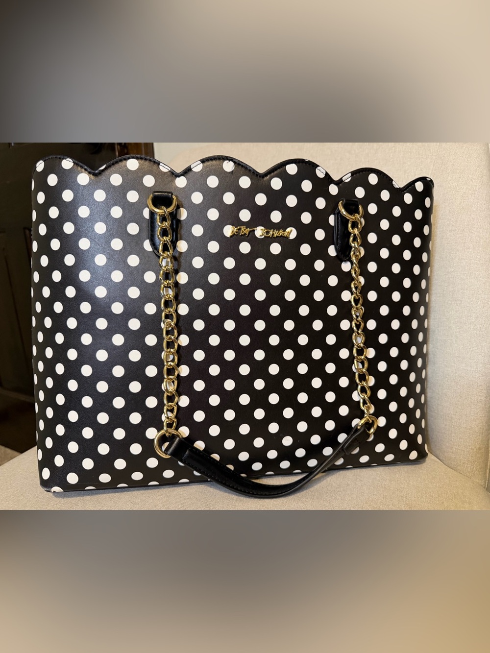 Betsey Johnson Black & White Polka Dot Scallop Tote with Gold Chain Handles